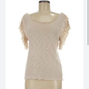 Sam & Laci Fringed Short Sleeve Knit Top in Cream XS